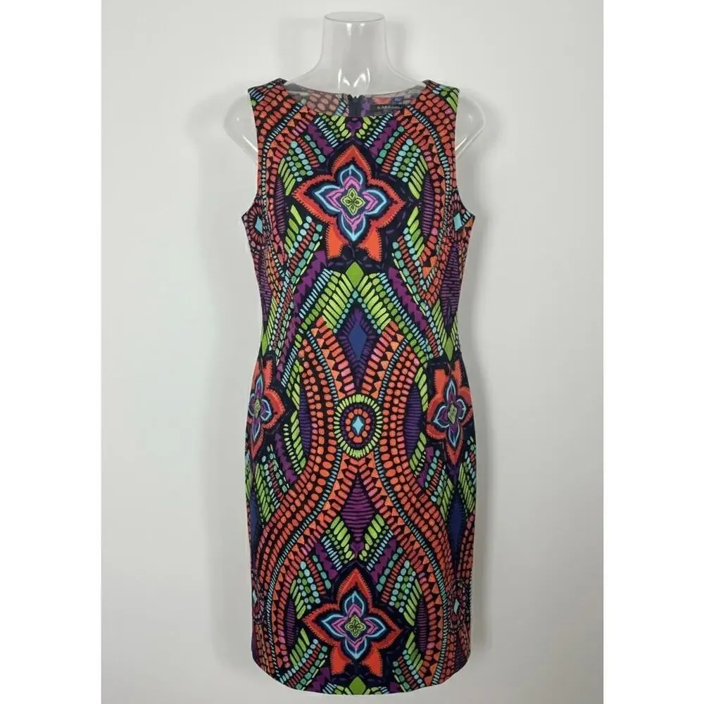 Y2K Vibrant Mosaic Sleeveless Sheath Dress Maximalist Mod 60s Psychedelic 12 L - Picture 1 of 11